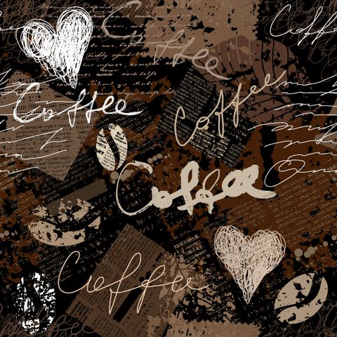 an abstract background with coffee related words and hearts in grungy, dirty colors