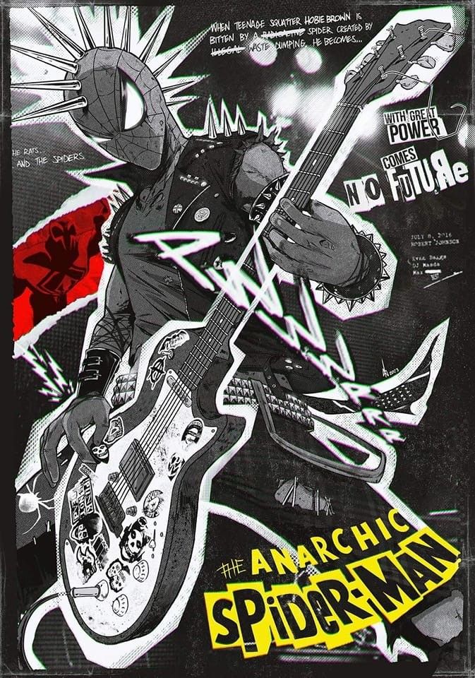 a poster with an image of a man holding a guitar in his right hand and the words anarchy on it