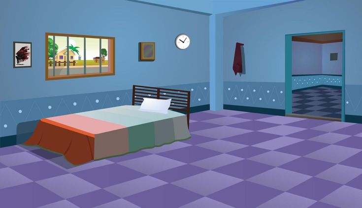 a bedroom with blue walls and purple flooring