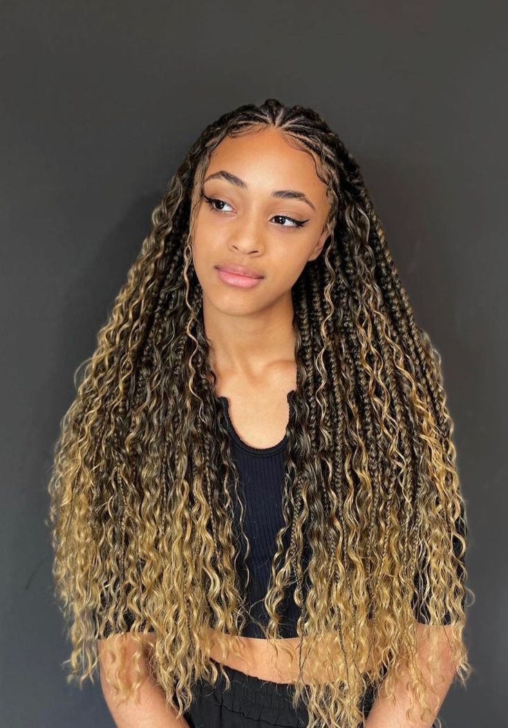 Falni Braids With Curls, Fulani And Goddess Braids, Half Fulani Braids Half Crochet, Fulani Braids With Goddess Curls, Fulani Curly Braids, Goddess Braids Fulani, Brown Fulani Braids With Curls, Braids For Prom Black Women, Goddess Fulani Braids With Curls