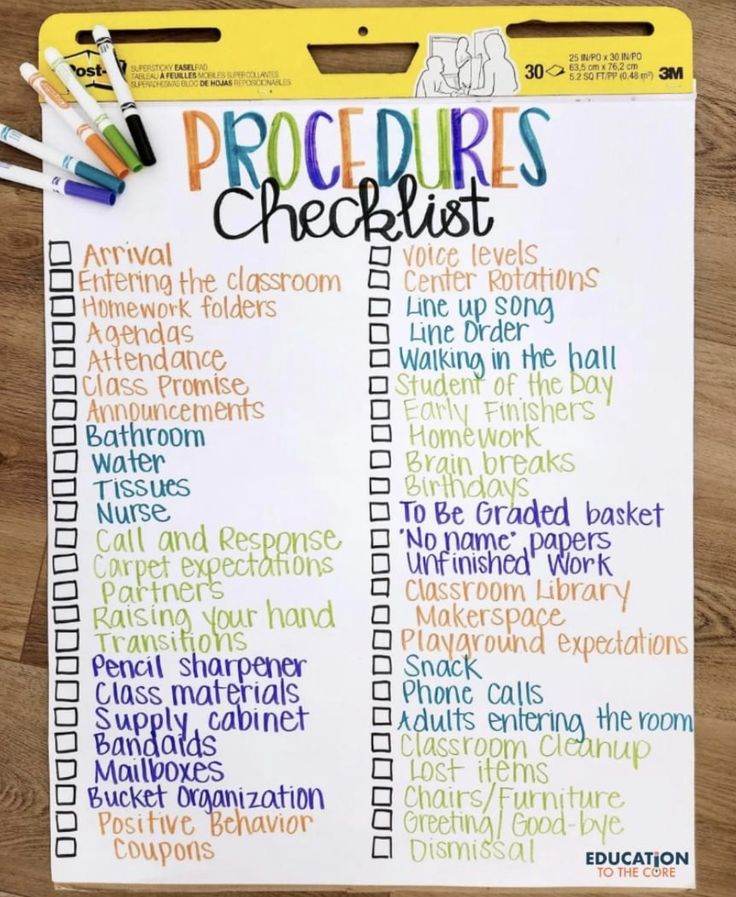 a printable procedure checklist with markers and crayon pencils on it