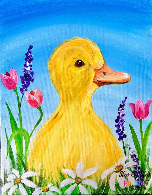 a painting of a yellow duck surrounded by flowers