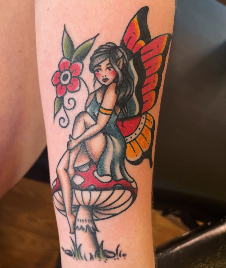 Fairy And Toadstool Tattoo, Earthy Traditional Tattoo, Traditional Tattoos Fairy, Trad Mushrooms Tattoo, Trad Lady Tattoo, Traditional Style Fairy Tattoo, Old School Fairy Tattoo, American Traditional Lady Tattoo, Pin Up Doll Tattoos