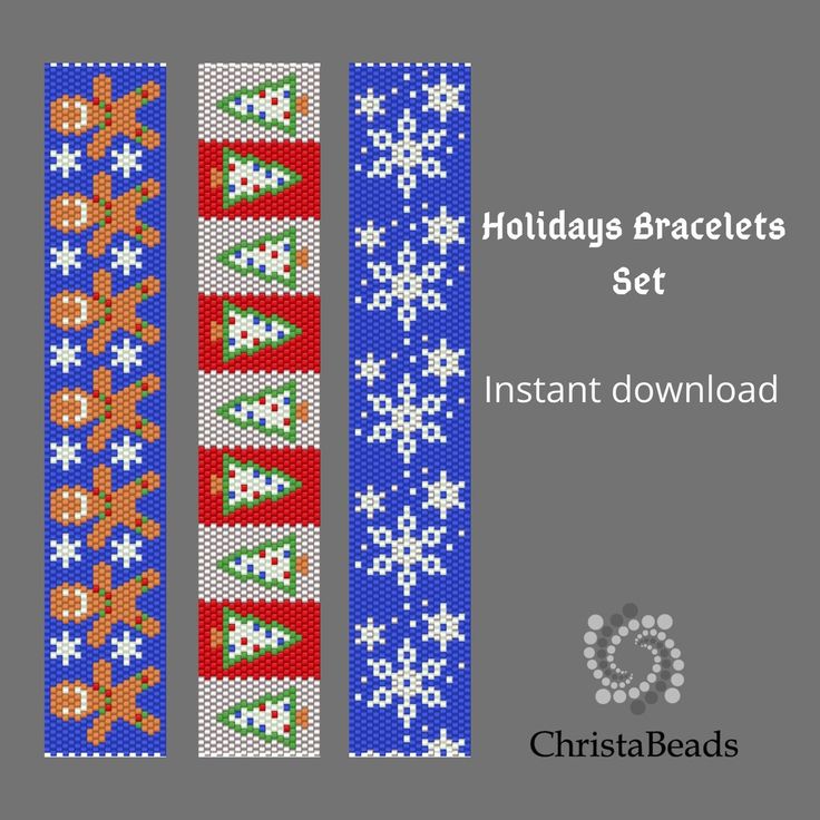 the holiday bracelets set is shown in red, white and blue knitted with snowflakes