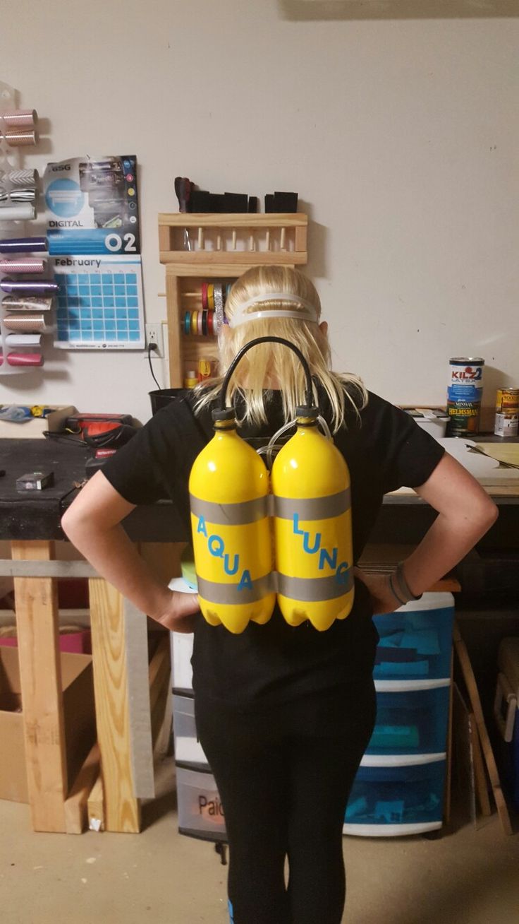 Oxygen tanks for Marine Biologist Costume Shipwrecked Costume Ideas, Marine Biologist Career Day Outfit, Underwater Theme Costume, Underwater Costume Ideas, Marine Biology Party, Ocean Themed Costumes, Marine Biologist Costume, Under The Sea Theme Outfit, Marine Biologist Outfit