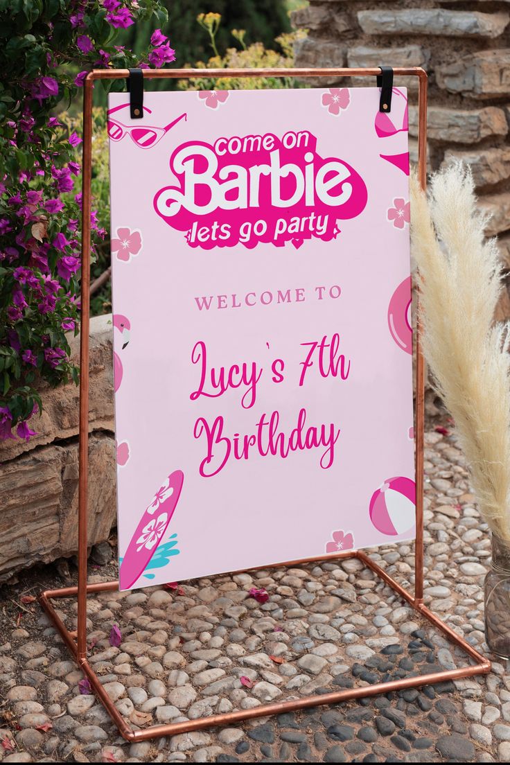 Barbie Birthday Welcome Sign, Barbie Welcome Sign, Barbie Party For Kids, Barbie Fourth Birthday Party, Barbie 30th Birthday, Barbie 7th Birthday Party, Barbie First Birthday Party, Barbie 5th Birthday Party Ideas, Barbie Backdrop Birthday Party Ideas