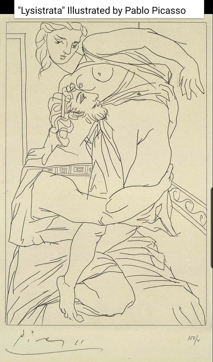 a black and white drawing of a woman holding a baby in her lap with the caption lysstrata illustrated by pablo