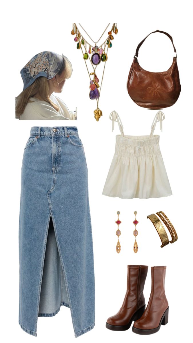 summer outfit inspo, jean skirt, aesthetic, bandana outfit, summer outfit, colorful jewelry Jean Skirt Aesthetic, Bandana Outfit Summer, Aesthetic Bandana, Bandana Outfit, Skirt Aesthetic, Denim Skirt Outfits, Thrifted Outfits, Looks Street Style, Colorful Jewelry