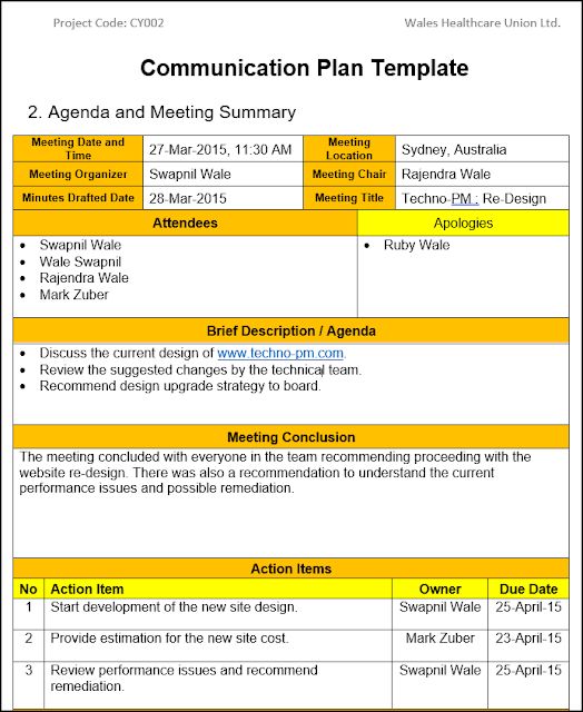 the communication plan template is shown in yellow