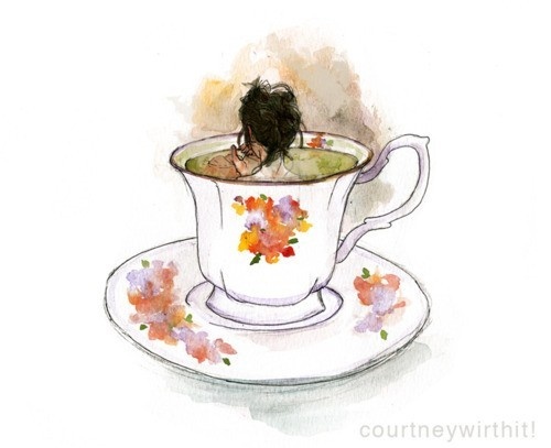 a watercolor painting of a woman in a teacup with flowers on the saucer