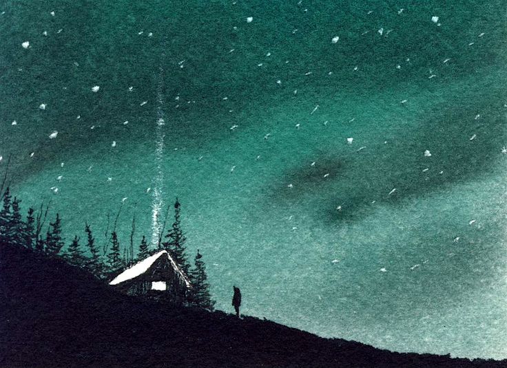 a painting of two people standing on top of a hill under the stars in the sky