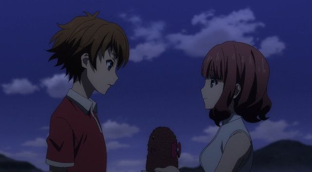 two anime characters standing in front of a blue sky with clouds and mountains behind them