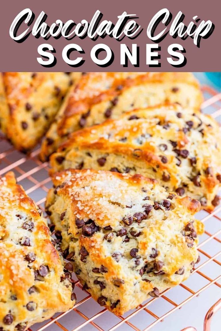 chocolate chip scones on a cooling rack with text overlay that reads chocolate chip scones