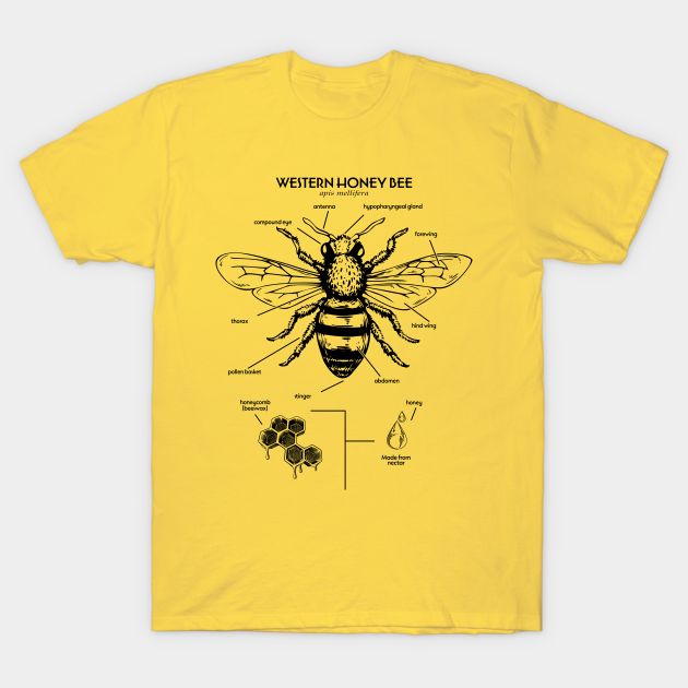 a yellow t - shirt with an image of a bee on it