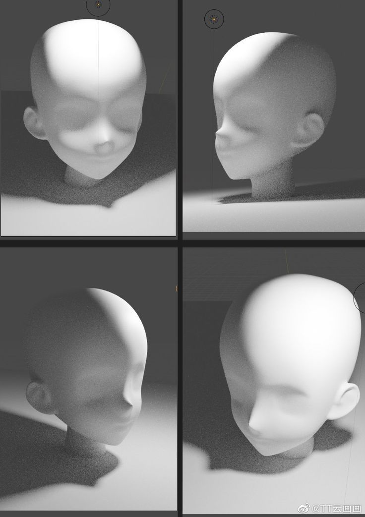 four different angles of a white mannequin's head in various stages of development