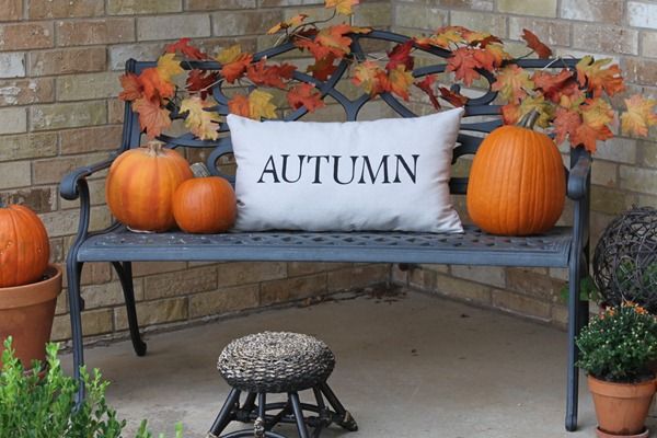 an outdoor bench with pumpkins and potted plants