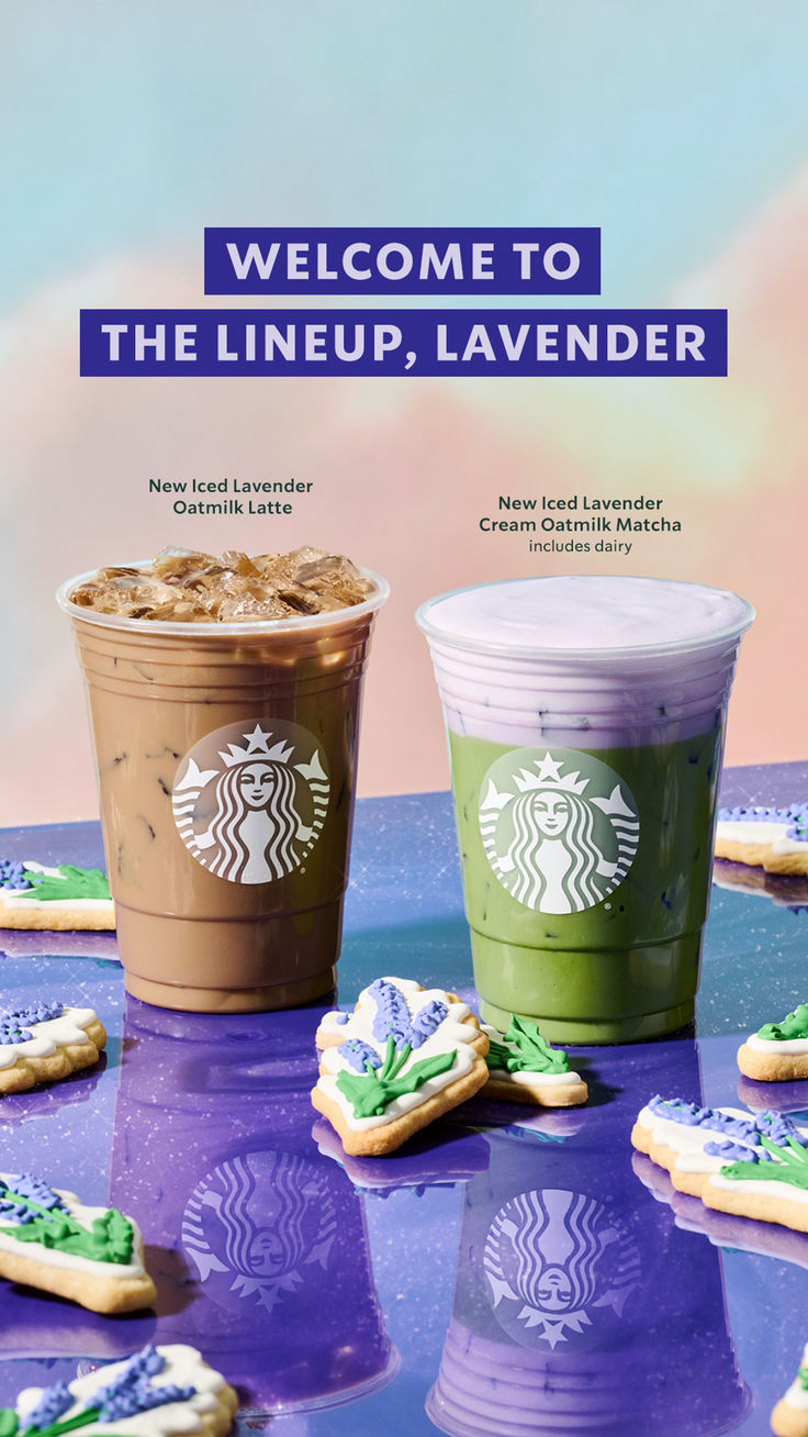 two cups of starbucks coffee and cookies on a table with the words welcome to the lineup, lavender