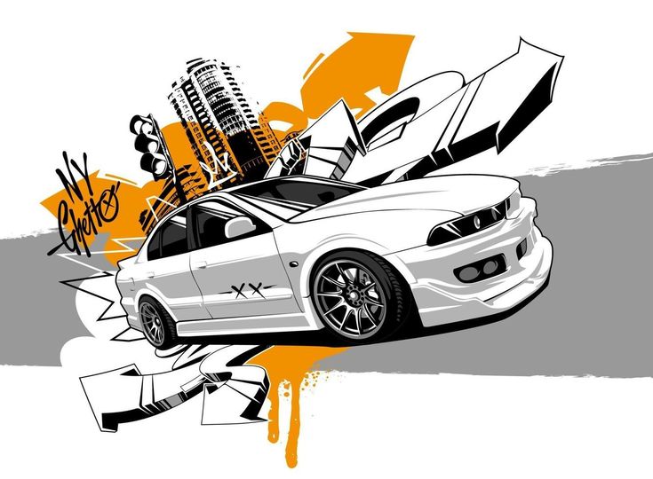 an abstract drawing of a white car with its hood open and wheels down, in front of a city skyline