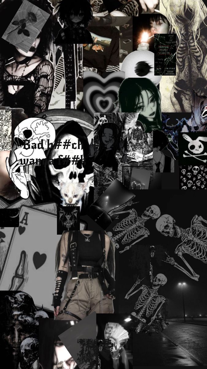 a collage of black and white images with skulls, hearts, and other things