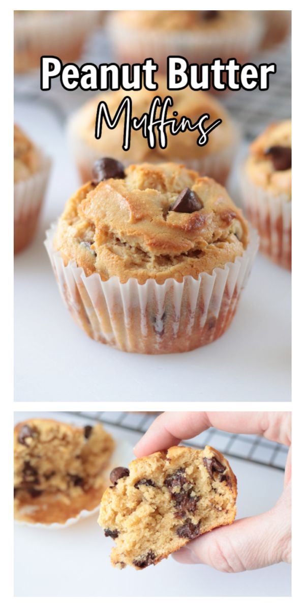 two pictures of muffins with chocolate chips on top and one showing the inside