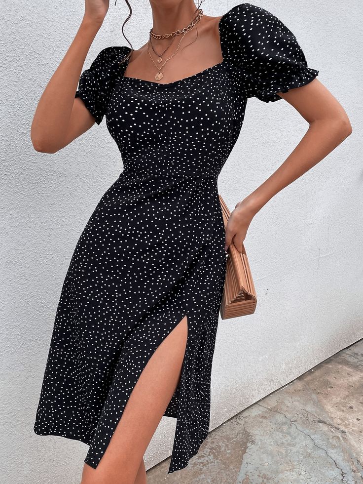 Black Boho  Short Sleeve Polyester Polka Dot A Line Embellished Non-Stretch Summer Women Dresses Black Picnic Dress, Polka Dot Dress Black, Printed Short Dresses, Black Polka Dot Dress, Picnic Dress, Black Boho, Short Summer Dresses, Split Dress, Polka Dress