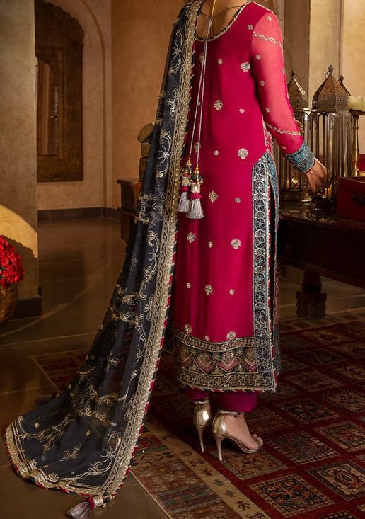 Introducing our Winter collection 'VELVET FESTIVE' by Asim Jofa designed to make you look and feel your best these pieces will add a touch of class and elegance to your wardrobe. Elevate your ethnic collection with a burst of vibrancy in this captivating magenta ensemble paired with a teal dupatta. The motifs on the shirt celebrate the rich mosaic of Pakistani culture, predominantly featuring an exquisite blend of floral and geometric pattern, symbolizing diversity and harmony. Adorned with a mesmerizing array of 3mm light gold sequins, 5mm silver sequins, and intricate light gold zariwork, the neckline tells a story of pure elegance. The chaak come alive with intricate pink and deep teal threadwork. The outfit finds its crowning glory in the deep teal velvet that graces the daman, sleeves Pakistani Culture, Pakistani Boutique, Pakistani Designer Clothes, Asim Jofa, Pakistani Clothes, Teal Velvet, Readymade Saree, Embroidered Sleeves, Embroidered Border