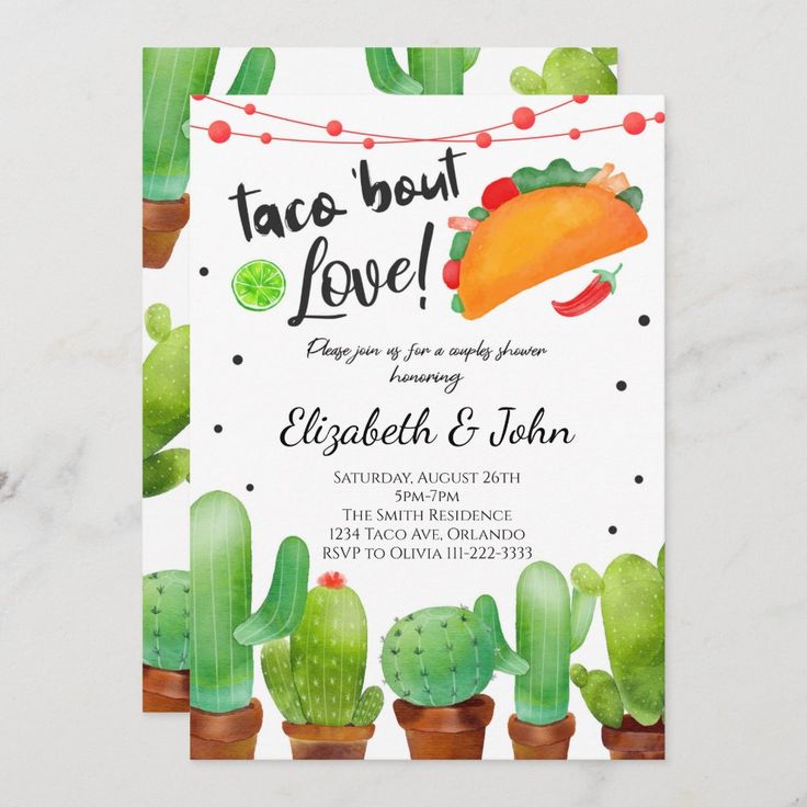 a taco bout love party card with cacti and succulents