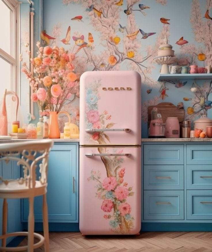 a pink refrigerator in a blue kitchen with flowers and birds painted on the wall behind it