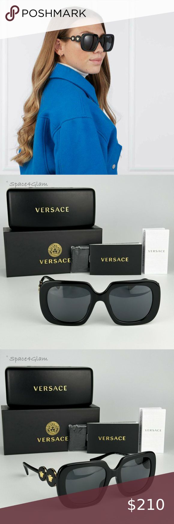 NEW Versace VE4434 Double Medusa GB1/87 Black Oversized Square Women Sunglasses Versace Brand, Versace Accessories, Women Sunglasses, Color Code, The Trend, Glasses Case, Sunglasses Shop, Dark Black, Cleaning Cloth