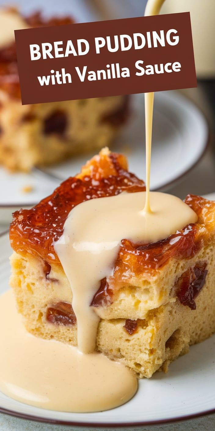 bread pudding with vanilla sauce being drizzled over it on a white plate