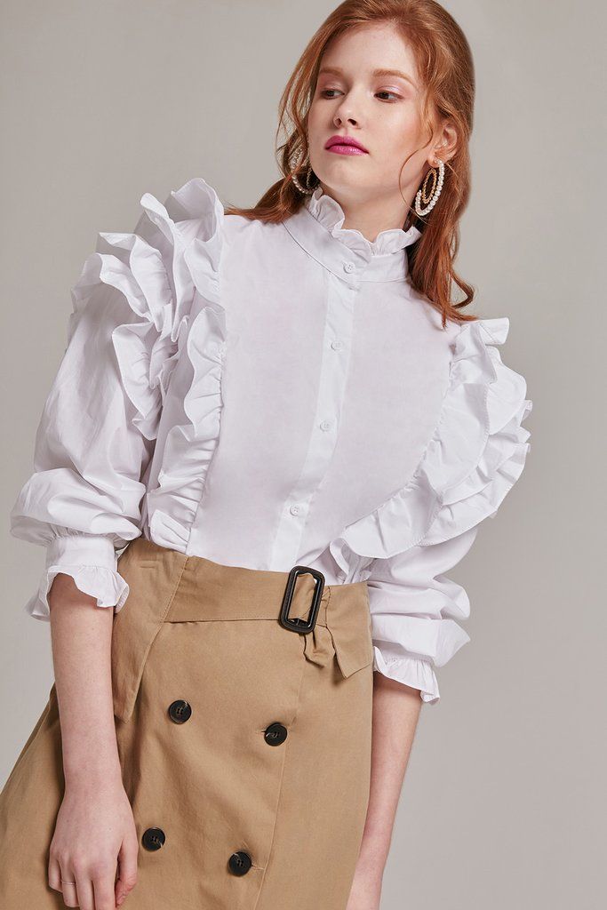 Ellie High Neck Ruffle Blouse | Oroshe Ruffle Neckline Blouse, High Neck Blouse Outfit, Festival Ootd, White Ruffle Blouse, Frilly Blouse, High Neck Blouse, Ruffled Blouse, Fashion Tops Blouse, Ruffles Fashion