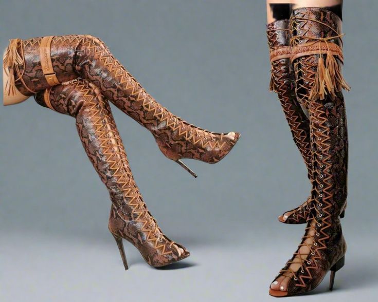 These statement-making over the knee boots combine a luxurious snake-embossed texture with a daring lace-up design and towering stiletto heels, creating a look that's both fierce and fashionable. Bodysuit Tops, Bodysuit Jumpsuit, Full Body Suit, Stocking Tights, Sweater Collection, Short Leggings, Boots For Sale, Thigh High Boots, Brown Boots