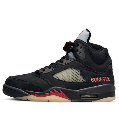 The Air Jordan 5 GORETEX 'OffNoir' is a stylish sneaker perfect for any activity. It features a black and red colorway with a 3M reflective silver tongue, a “23” and “Gore-Tex” branding on the side, and a semi-transparent outsole that has been aged to perfection. The Gore-Tex technology ensures that your feet stay dry and comfortable. This sneaker is inspired by the classic Air Jordan 5 silhouette and is part of the GORETEX series. It is the perfect sneaker for any woman looking for a stylish and comfortable sneaker. (AJ5/SNKR/Retro/Women's/High Top/Basketball/Water Proof) Jordan 5 Goretex Outfit, Functional Black High-top Sneakers With Boost Midsole, Black Functional High-top Sneakers With Boost Midsole, Black Custom Sneakers With Boost Midsole For Outdoor, Black Mid-top Custom Sneakers For Outdoor, Black High-top Sneakers With Branded Insole For Outdoor, Black Breathable High-top Sneakers For Outdoor Activities, Black High-top Sneakers With Red Sole For Sports, Sporty Black High-top Sneakers With Red Sole