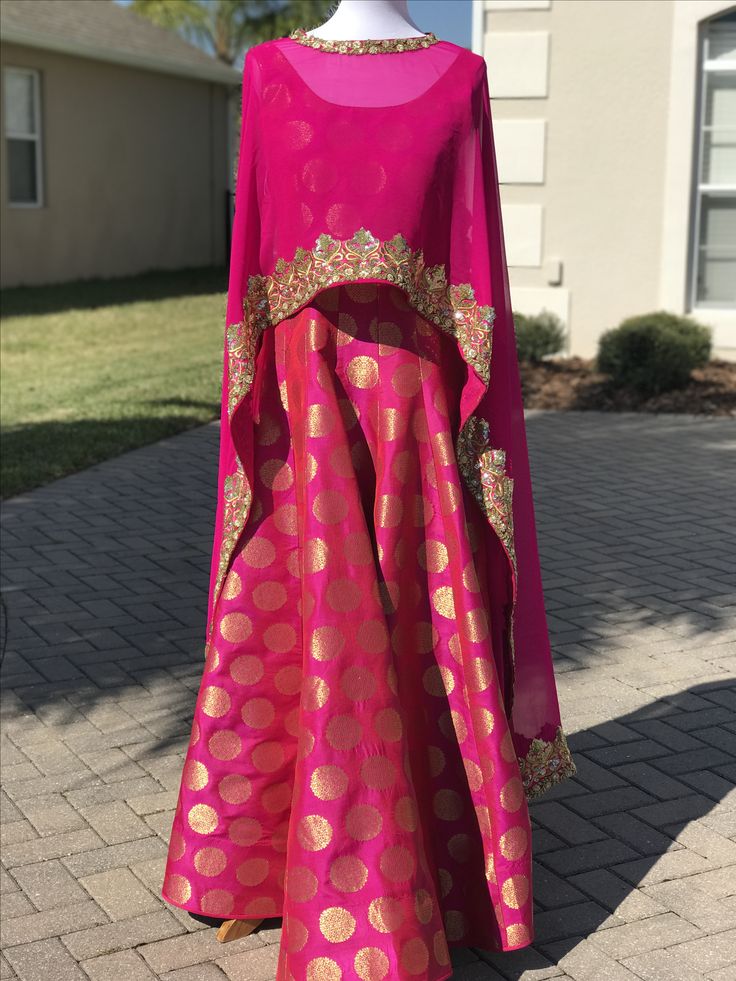 Brocade Anarkali Dress, Dupatta As Cape, Cape Dress Indian Gowns, Dupatta Cape, Cape Dress Indian, Saree To Dress, Cape Suit, Elegant Skirt Outfits, Long Skirt Top Designs