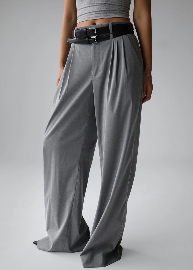 Color: Light Grey Midweight woven fabric Regular fit Wide leg Front pleated detailing Side seam pockets Back welt pockets Belt loops Zip fly Hook and bar closure Unlined 68% Lyocell  29% Viscose 3% Elastane Dry Clean By The Frankie Shop. Imported Gray Wide-leg Office Bottoms, Classic Gray Wide Leg Pants For Work, Gray High Waist Wide Leg Pants With Pockets, Gray High Waist Pants For Business Casual, Gray High Waist Wide Leg Pants For Business Casual, Gray Wide-leg Pants For Office, Gray Wide-leg Office Pants, Gray Wide Leg Dress Pants For Work, High Waist Gray Dress Pants For Business Casual