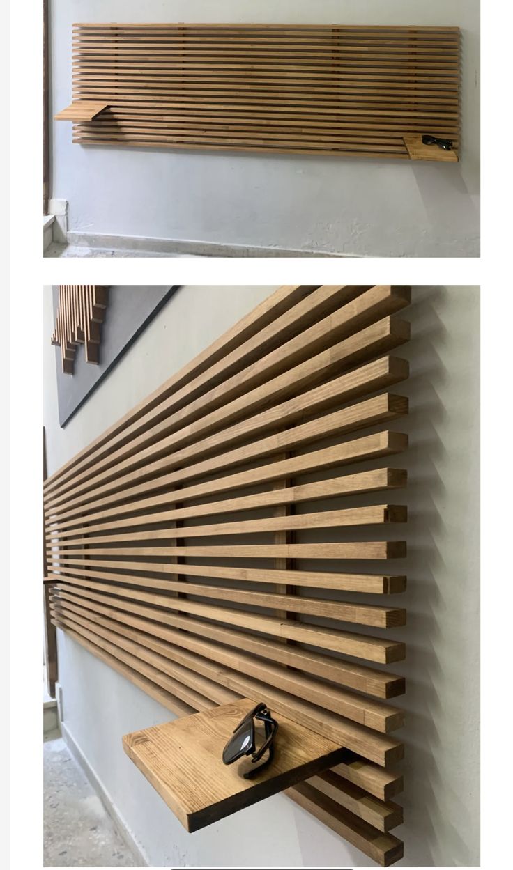 two pictures of wood slats on the wall