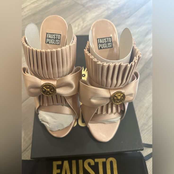 Fausto Puglisi Satin Sandals New Size 37 Includes Box & Dust Bag Luxury Slip-on Heels With Heel Strap, Designer Sandals With Heel Strap For Galas, Designer Open Heel Sandals For Galas, Luxury Mules With Wrapped Heel And Round Toe, Luxury Round Toe Mules With Heel Loop, Designer Mules With Wrapped Heel, Luxury Mules With Heel Loop And Round Toe, Designer High Heel Sandals For Galas, Designer Closed-toe Sandals For Galas