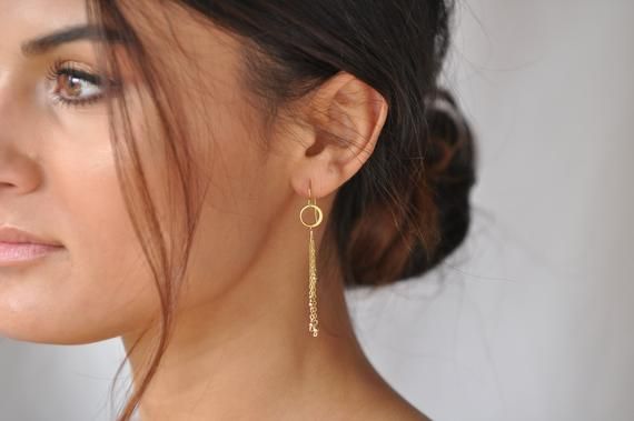 Chain tassel earrings Circle long chain dangle 14 k gold filled sterling silver boho simple bridesma Minimalist Gold Tassel Drop Earrings, Minimalist Dangle Tassel Earrings For Gift, Minimalist Dangle Tassel Earrings As Gift, Gold Dangle Tassel Earrings For Wedding, Minimalist Tassel Dangle Earrings, Delicate Dangle Linear Earrings With Adjustable Chain, Wedding Dangle Threader Earrings With Adjustable Chain, Handmade Dainty Long Drop Linear Earrings, 14k Gold Filled Dangle Earrings With Delicate Chain