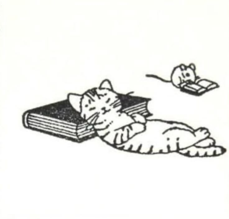 a cat laying on top of a book next to a mouse