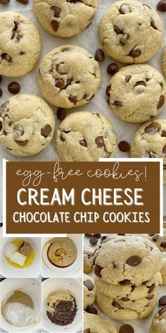 collage of egg - free cookies and cream cheese chocolate chip cookies with text overlay