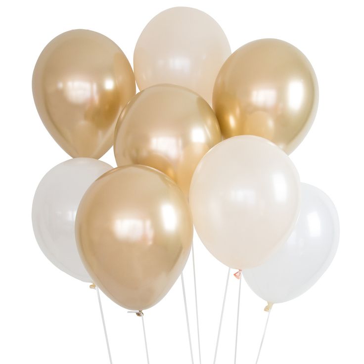 a bunch of white and gold balloons are in the shape of a ballon on a stick