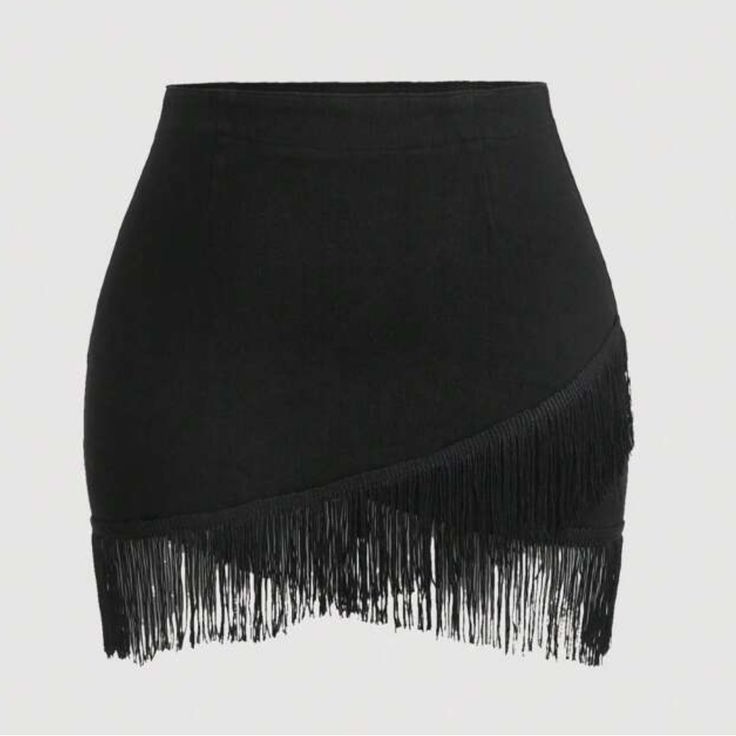 Black Fringe Trim Denim Skirt - Denim, But Has Good Amount Of Stretch To It. Zipper In Back Nwt Fitted Bottoms With Frayed Hem For Party, Chic Fitted Denim Skirt For Party, Fitted Bottoms With Frayed Hem For Night Out, Chic Party Bottoms With Frayed Hem, Black Denim Skirt For Summer Nights, Black Denim Skirt For Summer Night Out, Fitted Black Mini Skirt With Fringe, Black Denim Skirt For Night Out In Summer, Fitted High Rise Skirt For Night Out