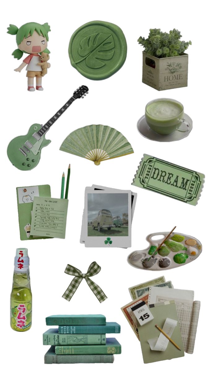 an assortment of green items are arranged in the shape of a collage on white paper