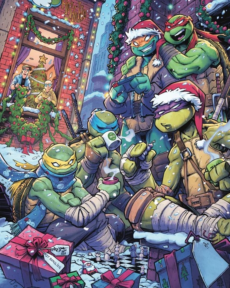 an image of teenage mutant christmas card with ninjas and presents in front of them