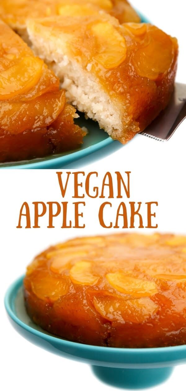 a cake that has been cut into pieces and is on a plate with the words vegan apple cake