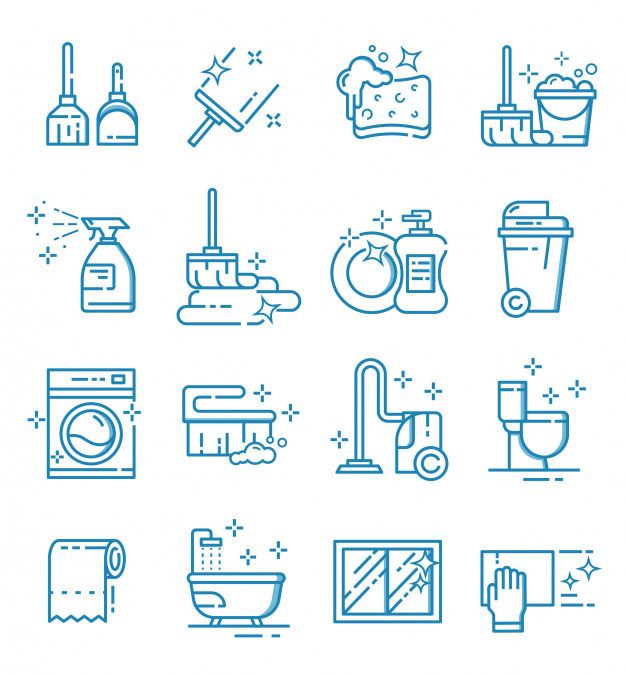 cleaning icons are shown in blue on a white background, including the symbols for washing and disinfection