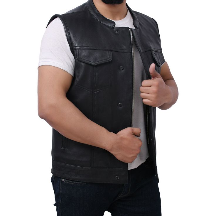 Style and function combined to offer you a Jett Men's Motorcycle leather vest. It is made using cowhide leather, which is exceptionally durable and supple. The mesh lining improves ventilation, keeping you cool and comfortable even in hot weather. The Jett Vest was designed to be versatile and suitable for both casual and active lifestyles. Its sleek and sophisticated style complements any outfit, and its lightweight build and portability make it ideal for travel or outdoor pursuits. If you like Motorcycle Leather Vest, Access Panels, Motorcycle Leather, Club Style, Leather Vest, Nice Leather, Hot Weather, Sophisticated Style, In Hot