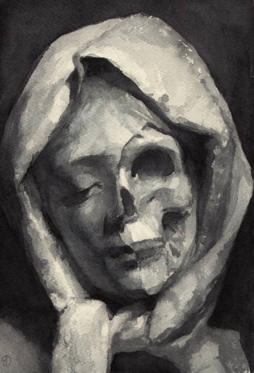 a black and white painting of a woman's head with her hands on her face