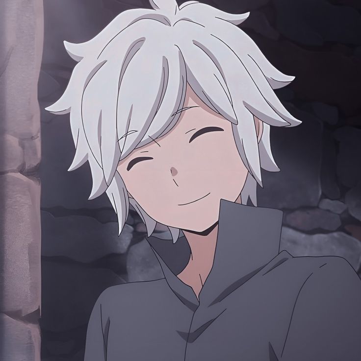 an anime character with white hair standing in front of a stone wall and looking at the camera