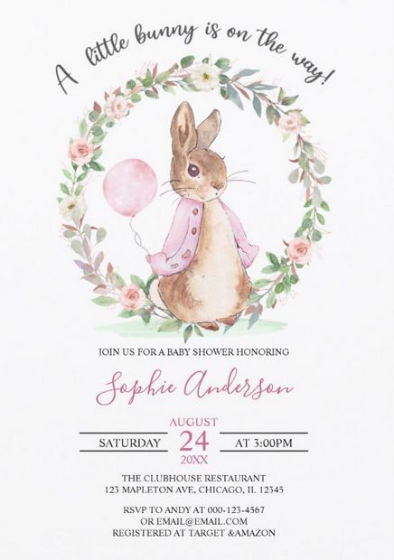 a little bunny is on the way baby shower card with an image of a rabbit holding a balloon